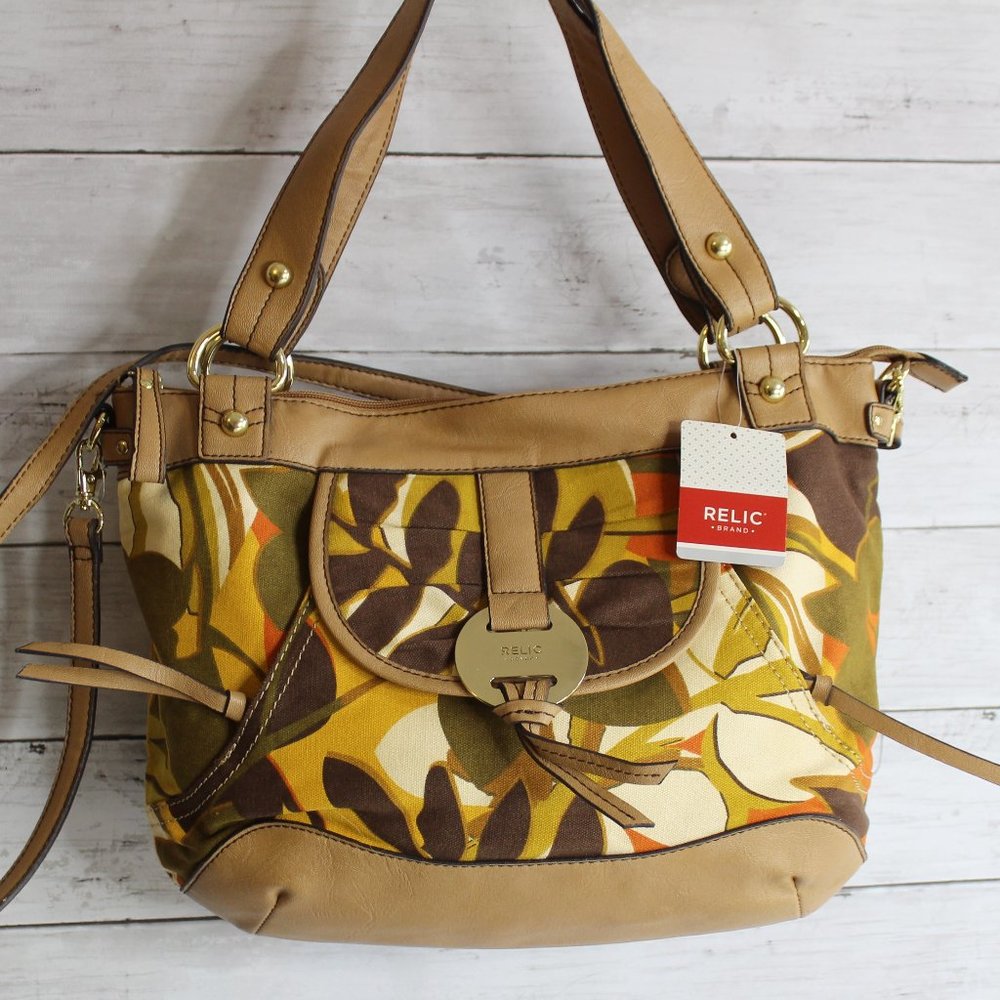Relic Shoulder Bag Handbag Purse Tan Brown Green Orange Floral Crossbody - Picture 2 of 7